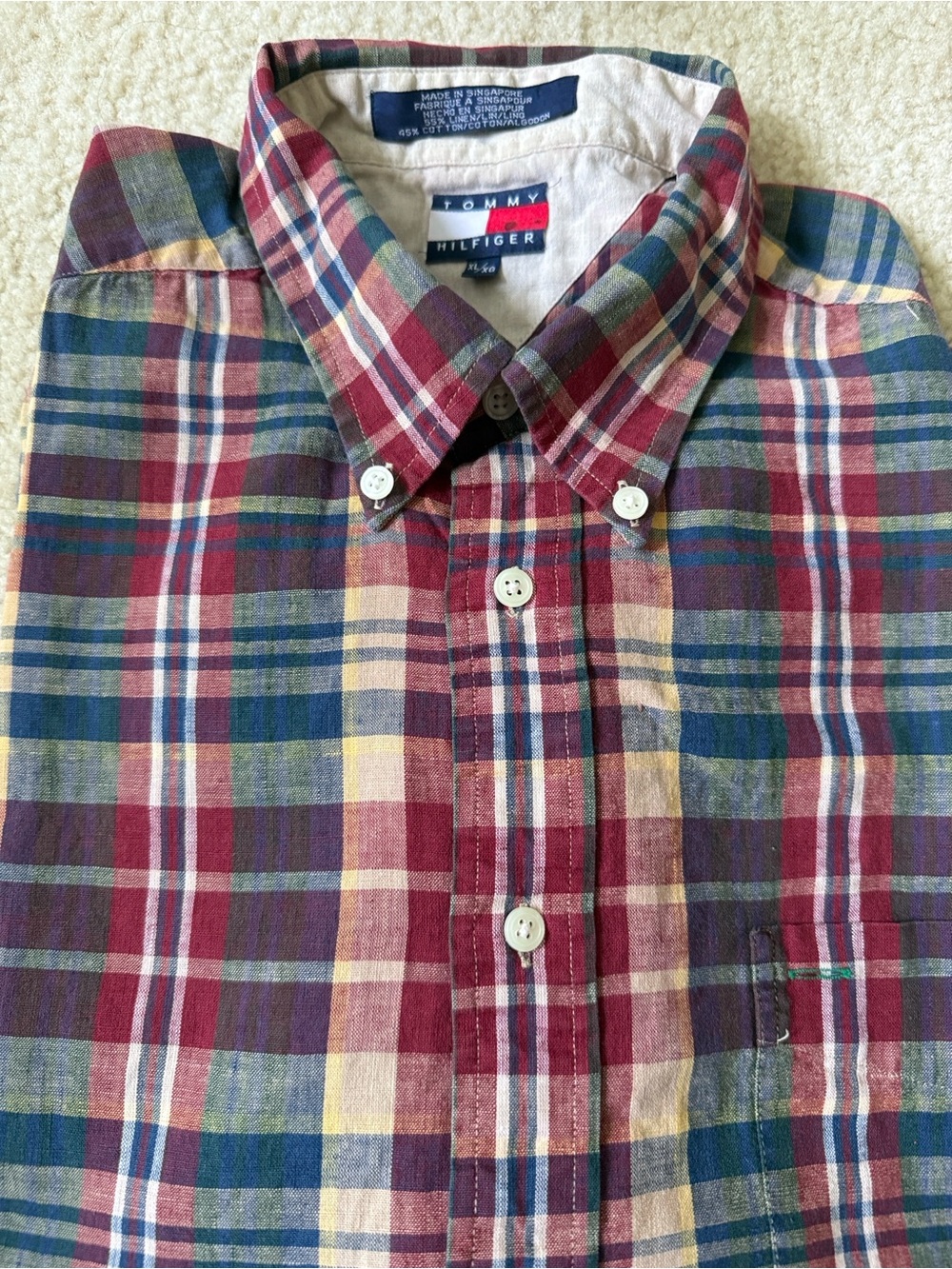 Tommy Hilfiger Red, Blue & Cream Button-Down Shirt size XL 45% cotton 55% linen